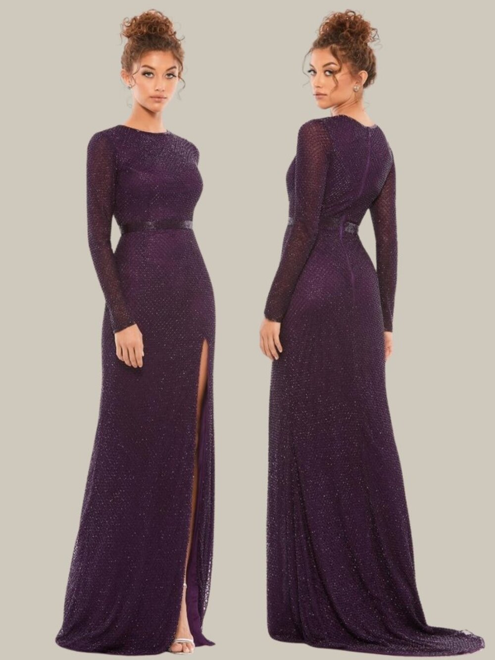 Mac Duggal 5056 Beaded Lattice Gown - Aubergine - Size 16
